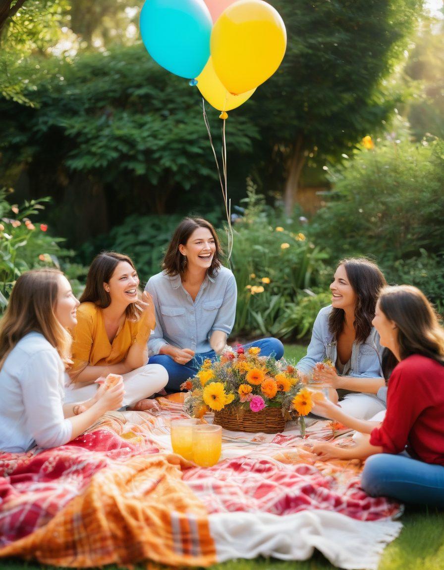A warm, inviting scene of friends and family gathered in a sunlit garden, sharing laughter and joy. Vibrant flowers and greenery surround them, with colorful picnic blankets and cheerful decorations. Soft sunlight filters through the leaves, casting a golden glow on their faces, radiating happiness. Include elements like balloons and smiles to evoke a sense of cheerfulness. bright colors. super-realistic.