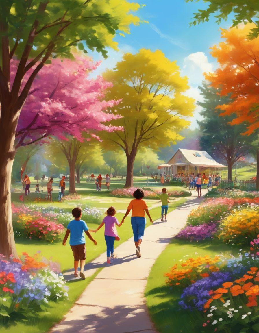 A warm, inviting neighborhood scene depicting diverse friends and families joyfully interacting in a sunny park, sharing activities like picnics, games, and laughter. Colorful banners of joy and togetherness flutter in the breeze, with children playing and seniors sharing stories. The background features blooming flowers and trees, enhancing the sense of community. digital painting. vibrant colors. sunny atmosphere.