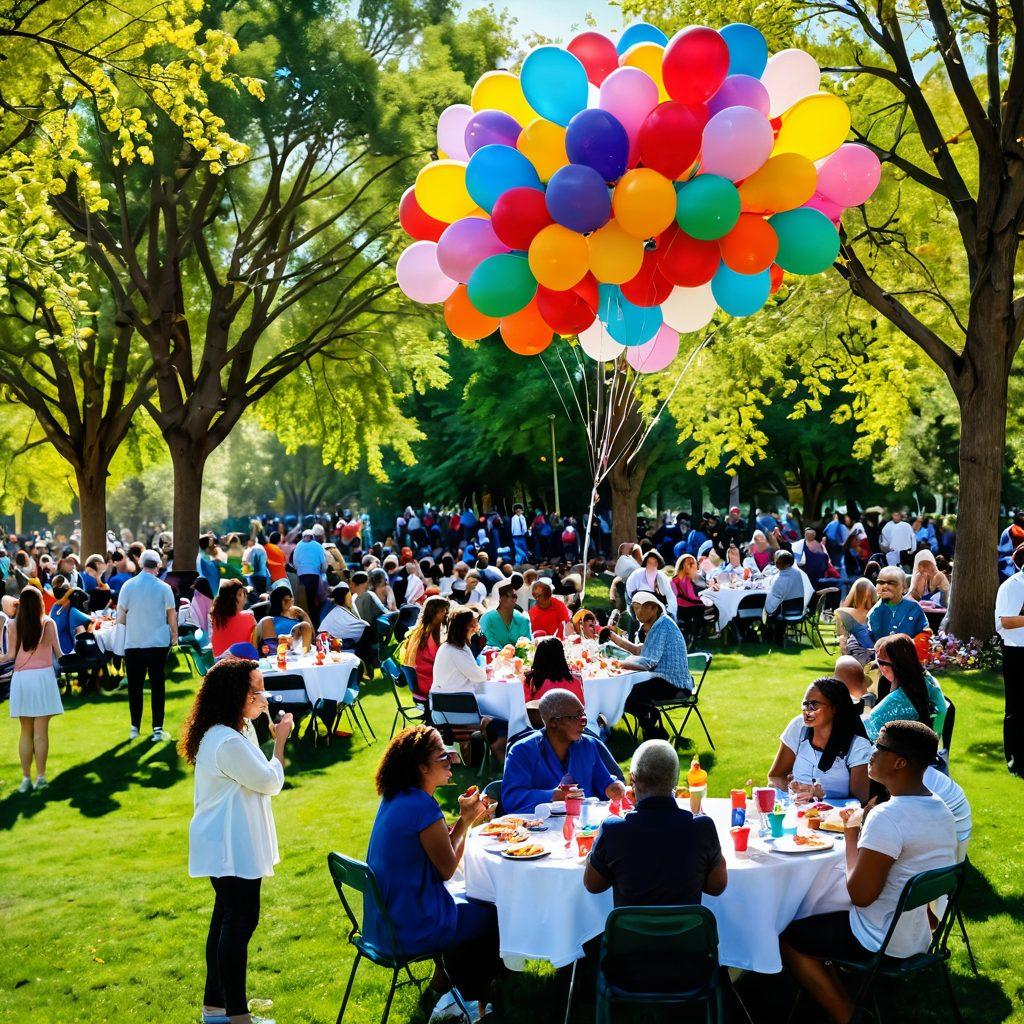 A vibrant community gathering in a sunlit park, showcasing people of diverse backgrounds joyfully interacting, sharing laughter and treats. Balloons and decorations add a festive touch, while a backdrop of blossoming trees symbolizes growth and unity. Incorporate elements of music and art to emphasize creativity and connection. playful and warm tones. super-realistic. vibrant colors.